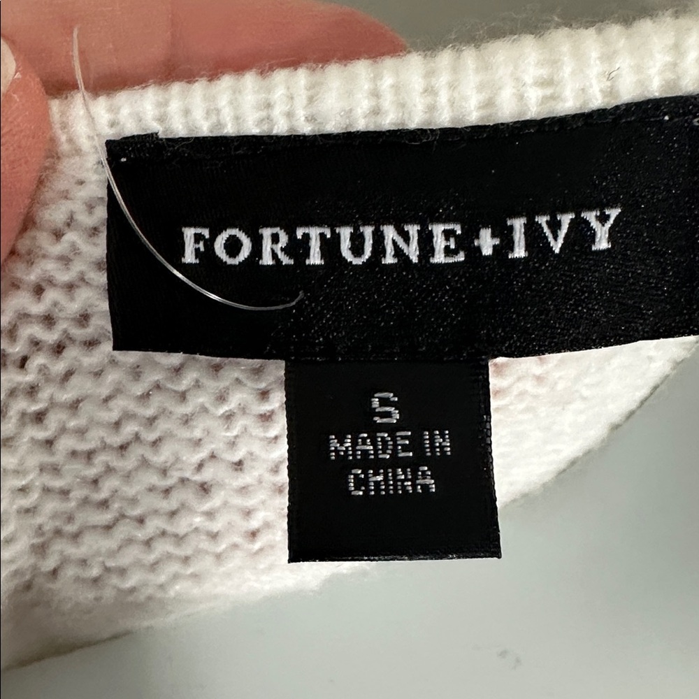 SMALL Fortune & Ivy Long Open Front Cardigan womans black grey white sweater NEW - Picture 2 of 6